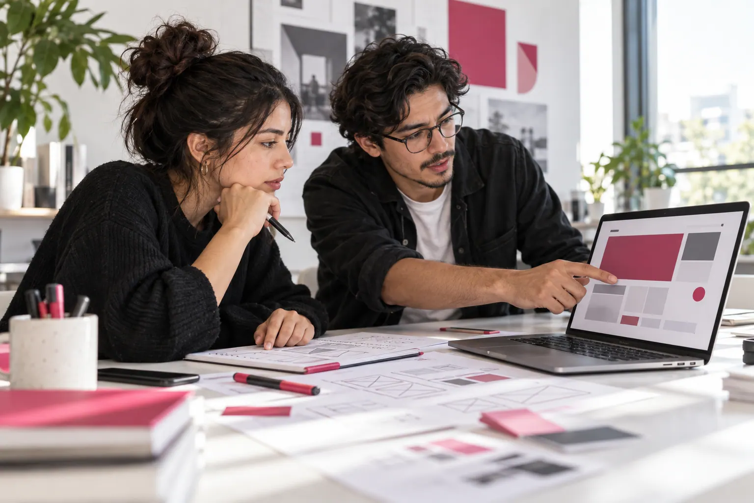 Personas revisando bocetos y una pantalla durante un taller