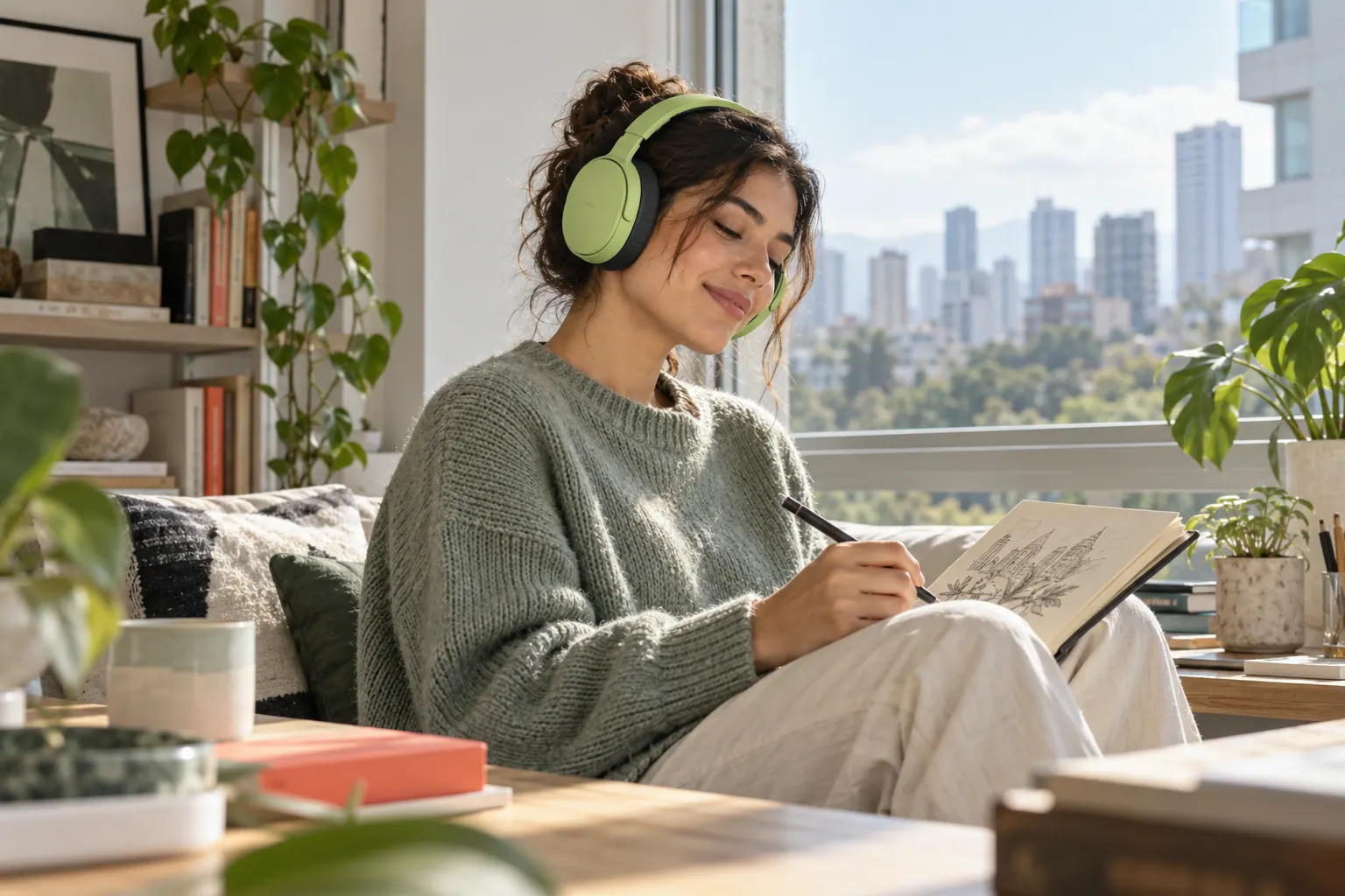 Persona usando audífonos verdes mientras dibuja junto a una ventana