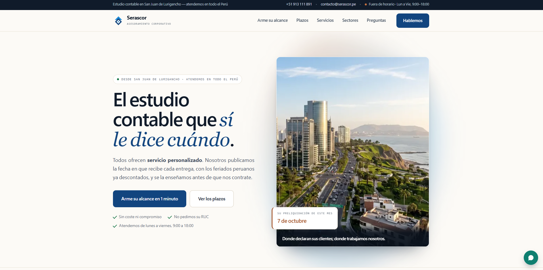 Portada de Serascor con presentación del estudio contable y fotografía de la costa de Lima